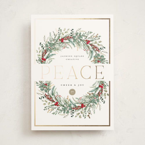 This is a candy cane business holiday cards with foil pressed by Susan Moyal called peace on earth printing on signature in standard