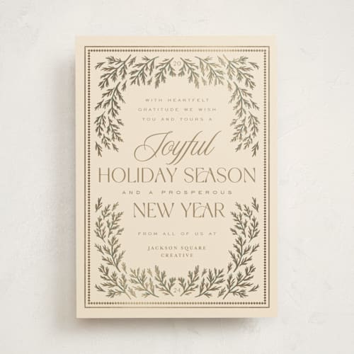 This is a eggnog business holiday cards with foil pressed by Erin German called pine border printing on signature in standard
