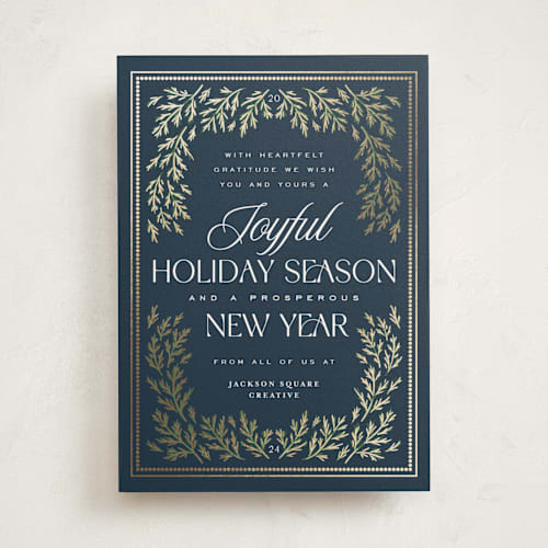 This is a winter night business holiday cards with foil pressed by Erin German called pine border printing on signature in standard