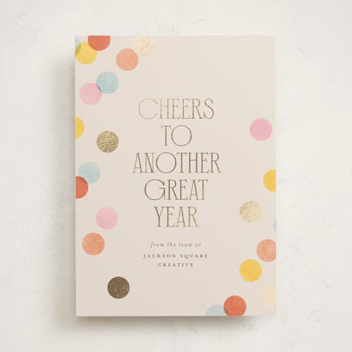 This is a peach business holiday cards with foil pressed by Ellen Schlegelmilch called confetti dots printing on signature in standard