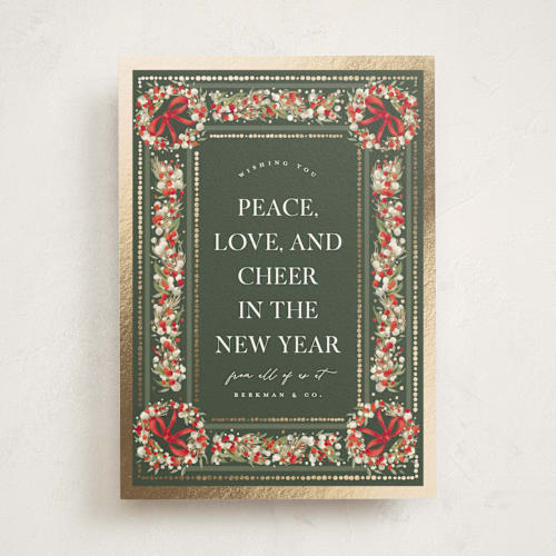 This is a forest business holiday cards with foil pressed by Jackie Crawford called four corner painted bow printing on signature in standard