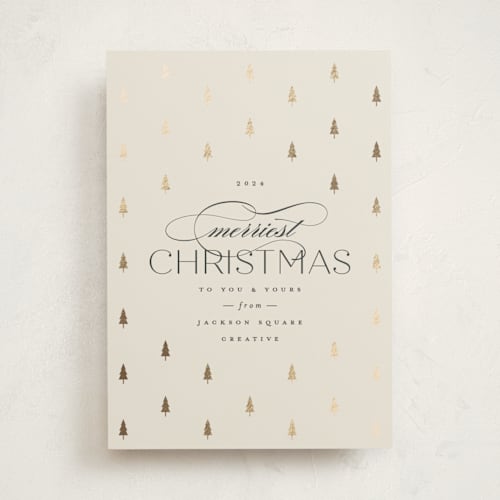 This is a ivory business holiday cards with foil pressed by Carolyn Nicks called joyful trees printing on signature in standard
