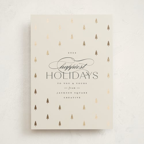 This is a ivory business holiday cards with foil pressed by Carolyn Nicks called joyful trees printing on signature in standard