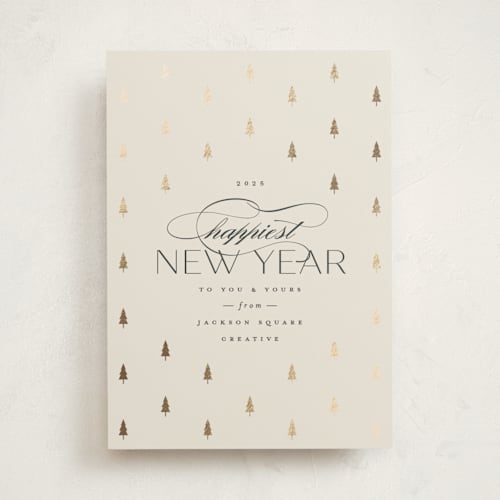 This is a ivory business holiday cards with foil pressed by Carolyn Nicks called joyful trees printing on signature in standard