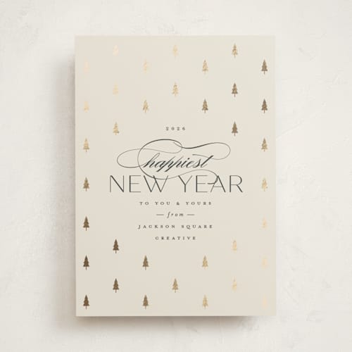This is a ivory business holiday cards with foil pressed by Carolyn Nicks called joyful trees printing on signature in standard