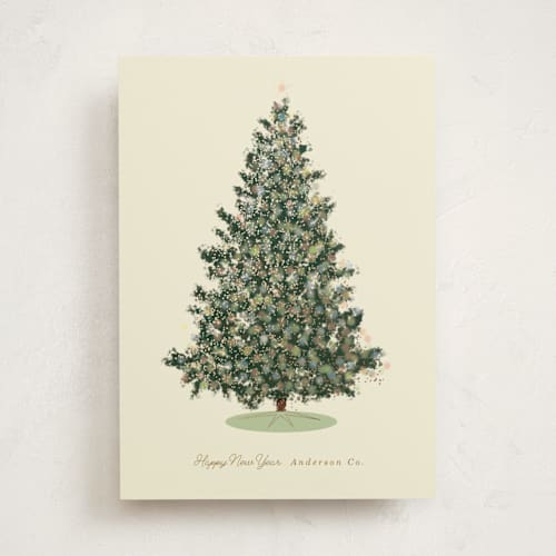 This is a chardonnay business holiday cards with foil pressed by Baumbirdy called pastel tree printing on signature in standard