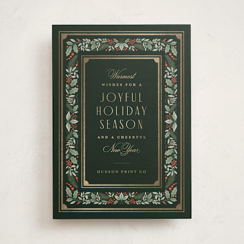 This is a evergreen business holiday cards with foil pressed by Kristen Smith called festive trim printing on signature in standard