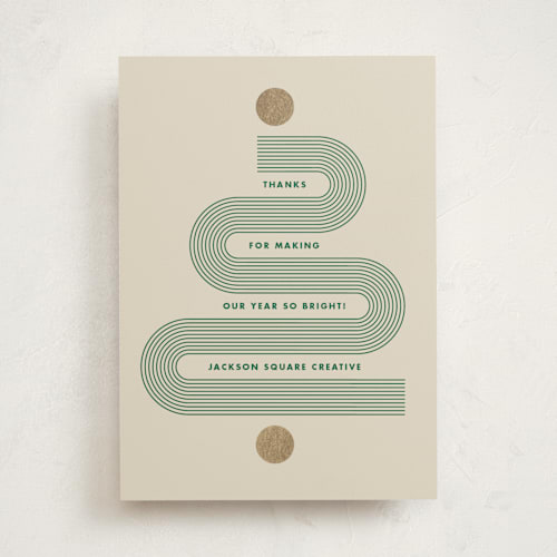 This is a pine business holiday cards with foil pressed by Holly Whitcomb called bauhaus tree printing on signature in standard