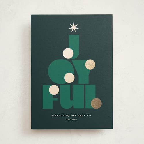 This is a evergreen business holiday cards with foil pressed by Lori Wemple called joy tree printing on signature in standard