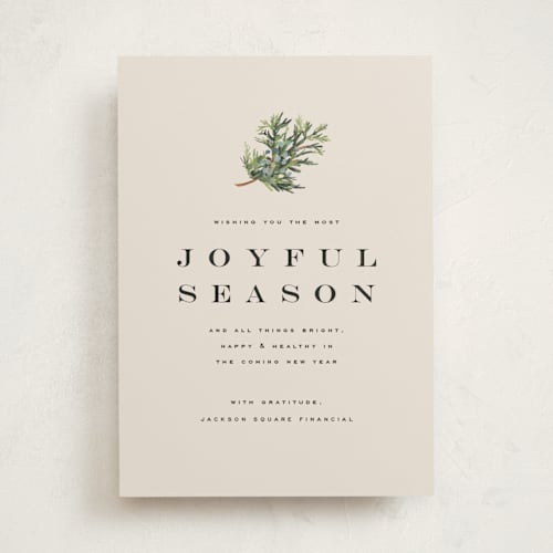 This is a putty business holiday cards with standard by Olivia Kanaley Inman called juniper sprig printing on signature in standard