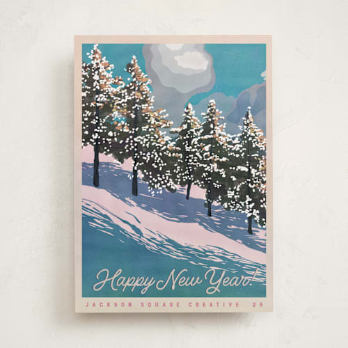 This is a winter sky business holiday cards with standard by Becky Nimoy called snowy view printing on signature in standard