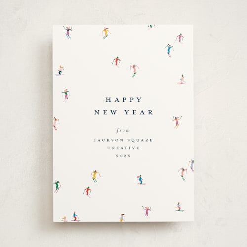 This is a multi business holiday cards with standard by Ellen Schlegelmilch called festive skiers printing on signature in standard