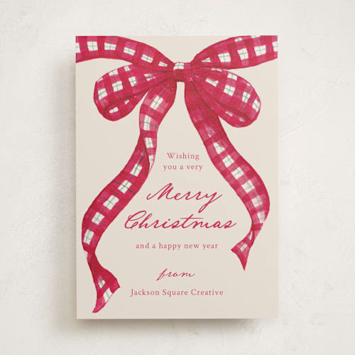 This is a cranberry business holiday cards with standard by ForeverPrint called tartan bow printing on signature in standard