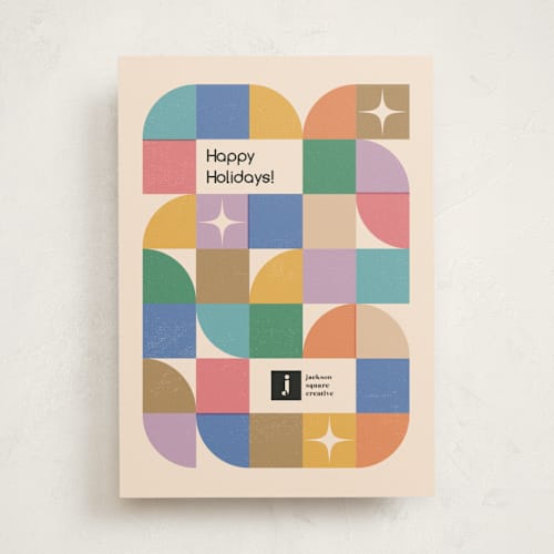 This is a champagne business holiday cards with standard by Igor called joyful geometry printing on signature in standard