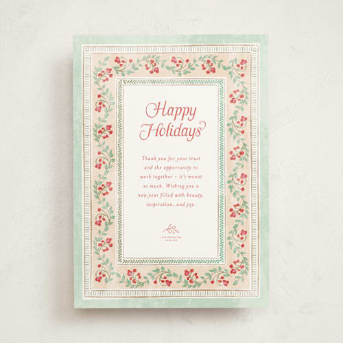 This is a mint business holiday cards with standard by Kamala Nahas called botanical border printing on signature in standard
