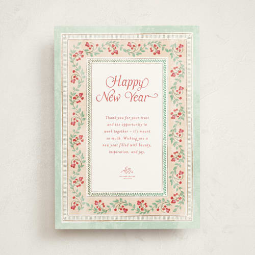 This is a mint business holiday cards with standard by Kamala Nahas called botanical border printing on signature in standard