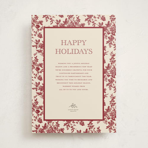 This is a cranberry business holiday cards with standard by Jenna Holcomb called holiday toile printing on signature in standard