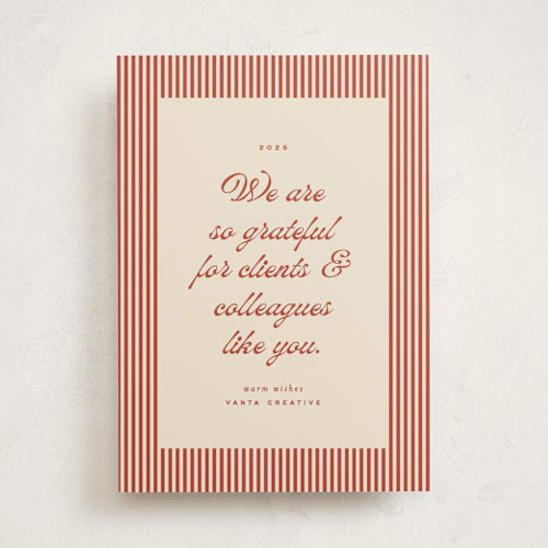 This is a cranberry business holiday cards with standard by Ellen Schlegelmilch called pinstriped border printing on signature in standard