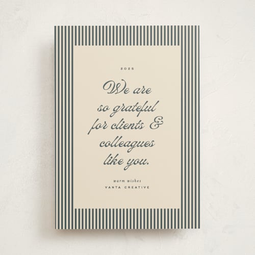 This is a navy business holiday cards with standard by Ellen Schlegelmilch called pinstriped border printing on signature in standard