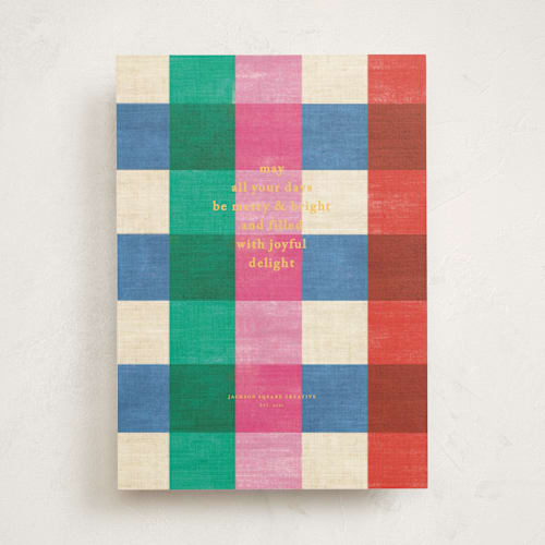 This is a candy business holiday cards with standard by Baumbirdy called playful plaid printing on signature in standard