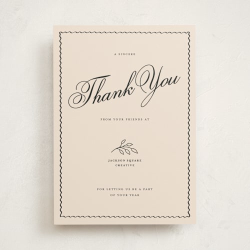 This is a cream business holiday cards with standard by Rachel Cassel called sincerely thank you printing on signature in standard