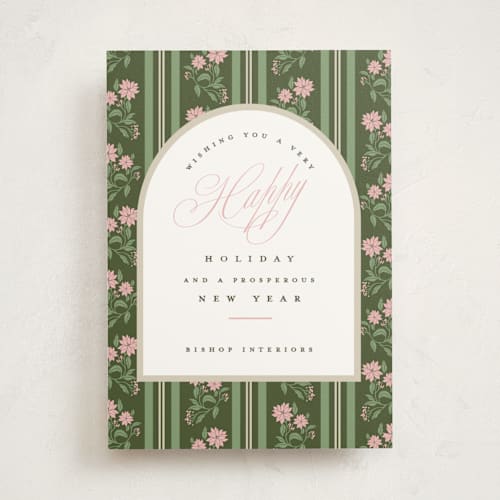 This is a winter rose business holiday cards with standard by Susan Zinader called poinsettia stripe wallpaper printing on signature in standard