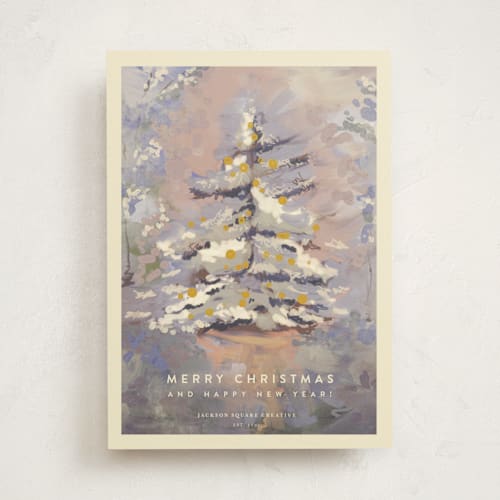 This is a twilight lilac business holiday cards with standard by Lucrecia Caporale called winter forest landscape printing on signature in standard