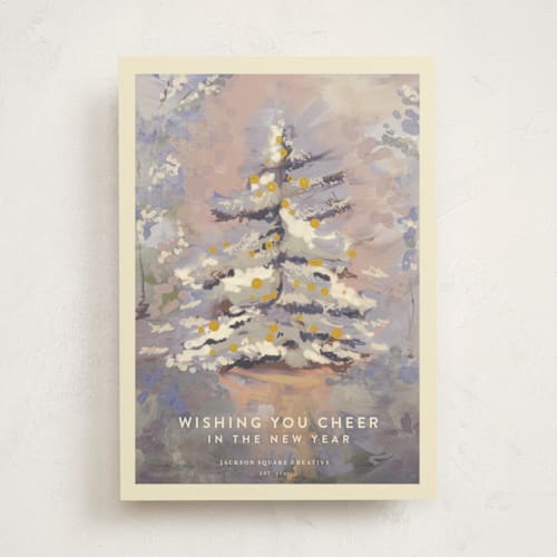 This is a twilight lilac business holiday cards with standard by Lucrecia Caporale called winter forest landscape printing on signature in standard