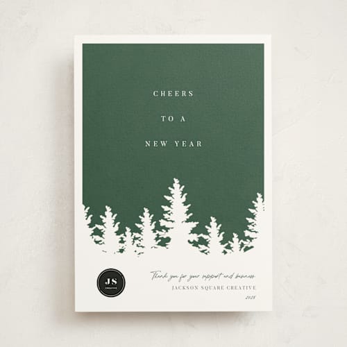 This is a evergreen business holiday cards with standard by Robin Ott called woodcut printing on signature in standard