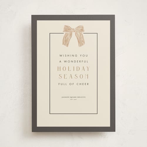 This is a charcoal business holiday cards with standard by Cindy Reynolds called watercolor bow printing on signature in standard