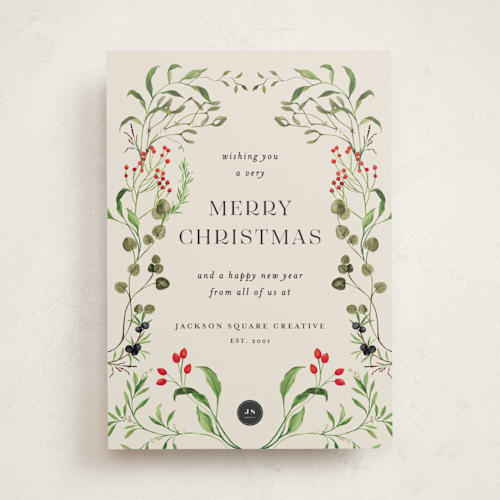 This is a eucalyptus business holiday cards with standard by Sarah Knight called botanical garden printing on signature in standard