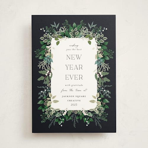 This is a balsam fir business holiday cards with standard by Susan Moyal called greenery framed printing on signature in standard