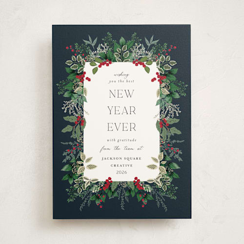 This is a holly berry business holiday cards with standard by Susan Moyal called greenery framed printing on signature in standard