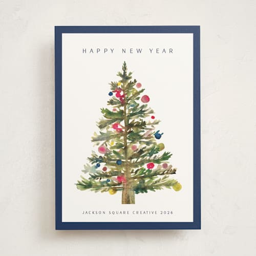 This is a navy business holiday cards with standard by Nicole Walsh called watercolor tree printing on signature in standard