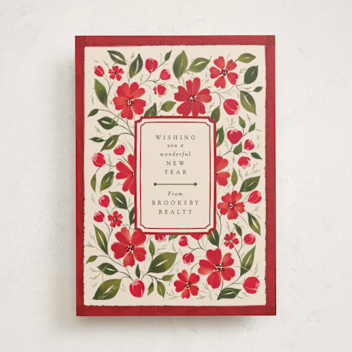 This is a poinsettia business holiday cards with standard by Erin L. Wilson called florale printing on signature in standard