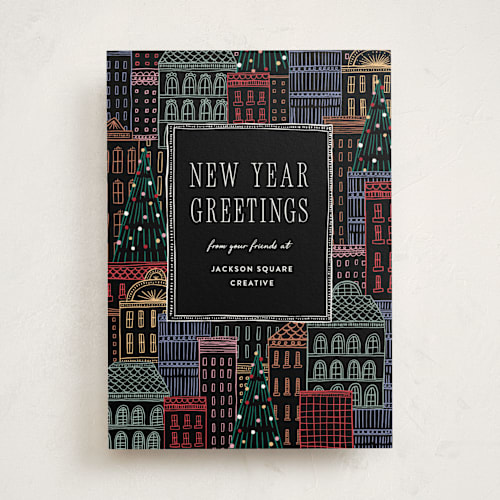 This is a eclipse business holiday cards with standard by Pixel and Hank called holiday city printing on signature in standard