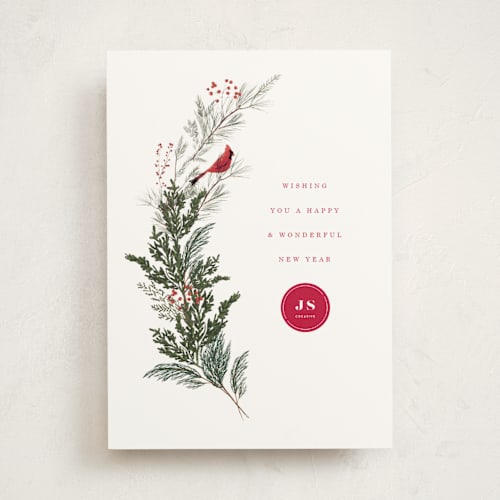 This is a holly berry business holiday cards with standard by Baumbirdy called cardinal printing on signature in standard