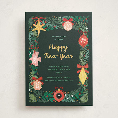 This is a pine business holiday cards with standard by Elly called ornaments printing on signature in standard
