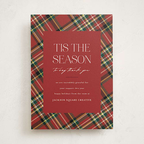 This is a poinsettia business holiday cards with standard by Ashlee Townsend called tis the season plaid printing on signature in standard