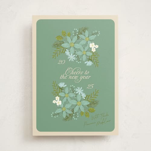 This is a turquoise business holiday cards with standard by Phrosné Barwood called floral printing on signature in standard