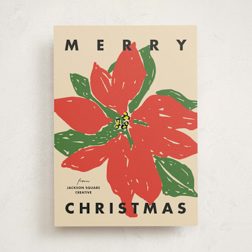 This is a taupe business holiday cards with standard by Inkblot Design called poinsettia pop printing on signature in standard