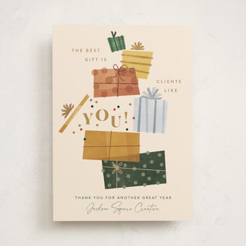 This is a cream business holiday cards with standard by Robert and Stella called gift of gratitude printing on signature in standard
