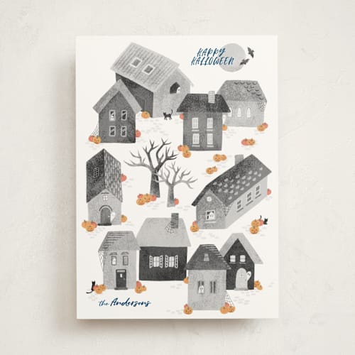 This is a midnight halloween party invitations cards by Dani Lugato called pumpkin village printing on signature in standard