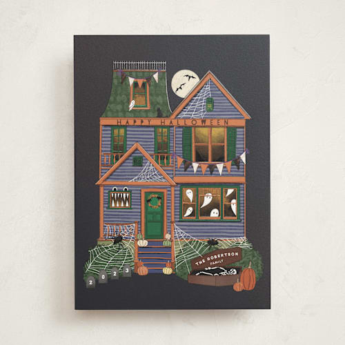 This is a persimmon halloween party invitations cards by Becky Nimoy called halloween house printing on signature in standard