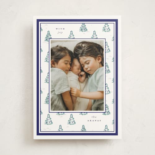 This is a blue spruce photo mount holiday cards with standard by Corinne Malesic called little trees printing on party paper in photo_mount