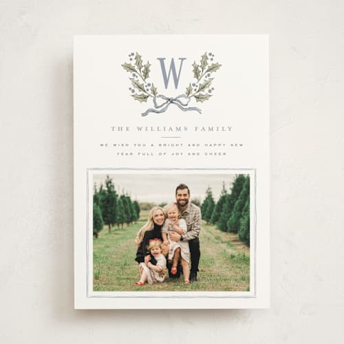 This is a blue spruce photo mount holiday cards with standard by Wildfield Paper Co called holly monogram printing on party paper in photo_mount