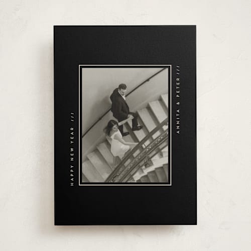 This is a charcoal photo mount holiday cards with standard by Lucrecia Caporale called contemporary typo printing on recycled in photo_mount
