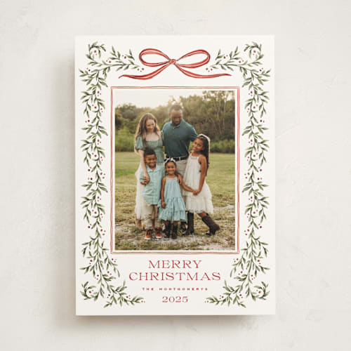 This is a holly berry photo mount holiday cards with standard by Wildfield Paper Co called laurel wreath printing on recycled in photo_mount