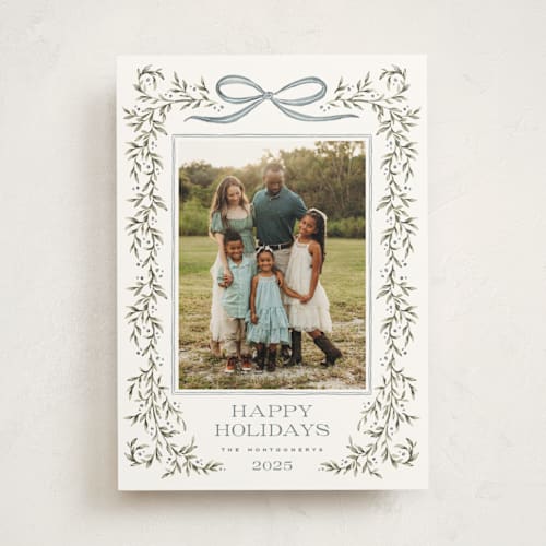This is a juniper photo mount holiday cards with standard by Wildfield Paper Co called laurel wreath printing on recycled in photo_mount