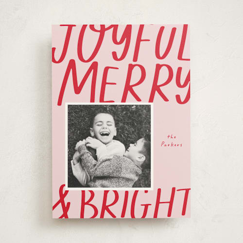 This is a blush photo mount holiday cards with standard by AK Graphics called joyful merry bright printing on recycled in photo_mount
